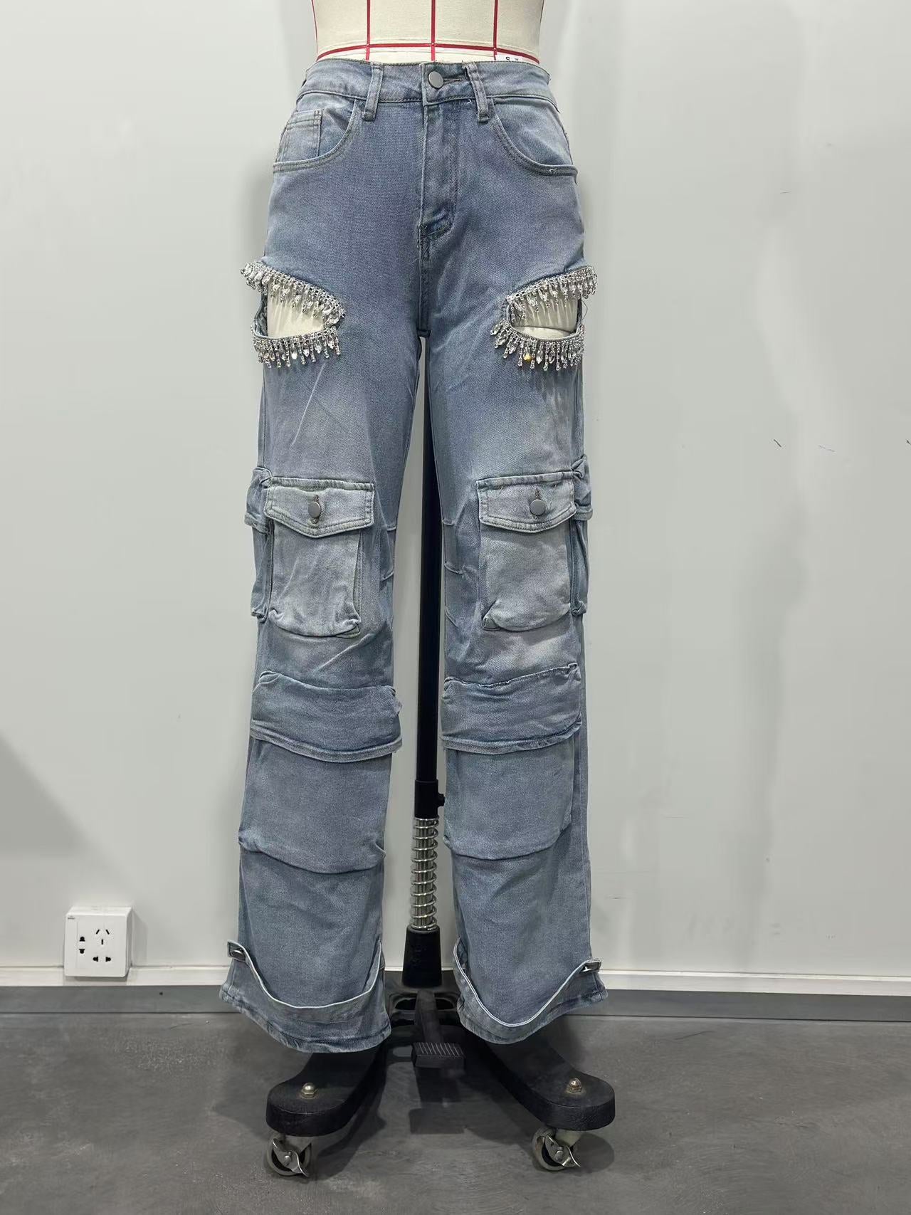 Fashionable Women's Multi-Pocket Cut Out Diamond Denim Pants 12