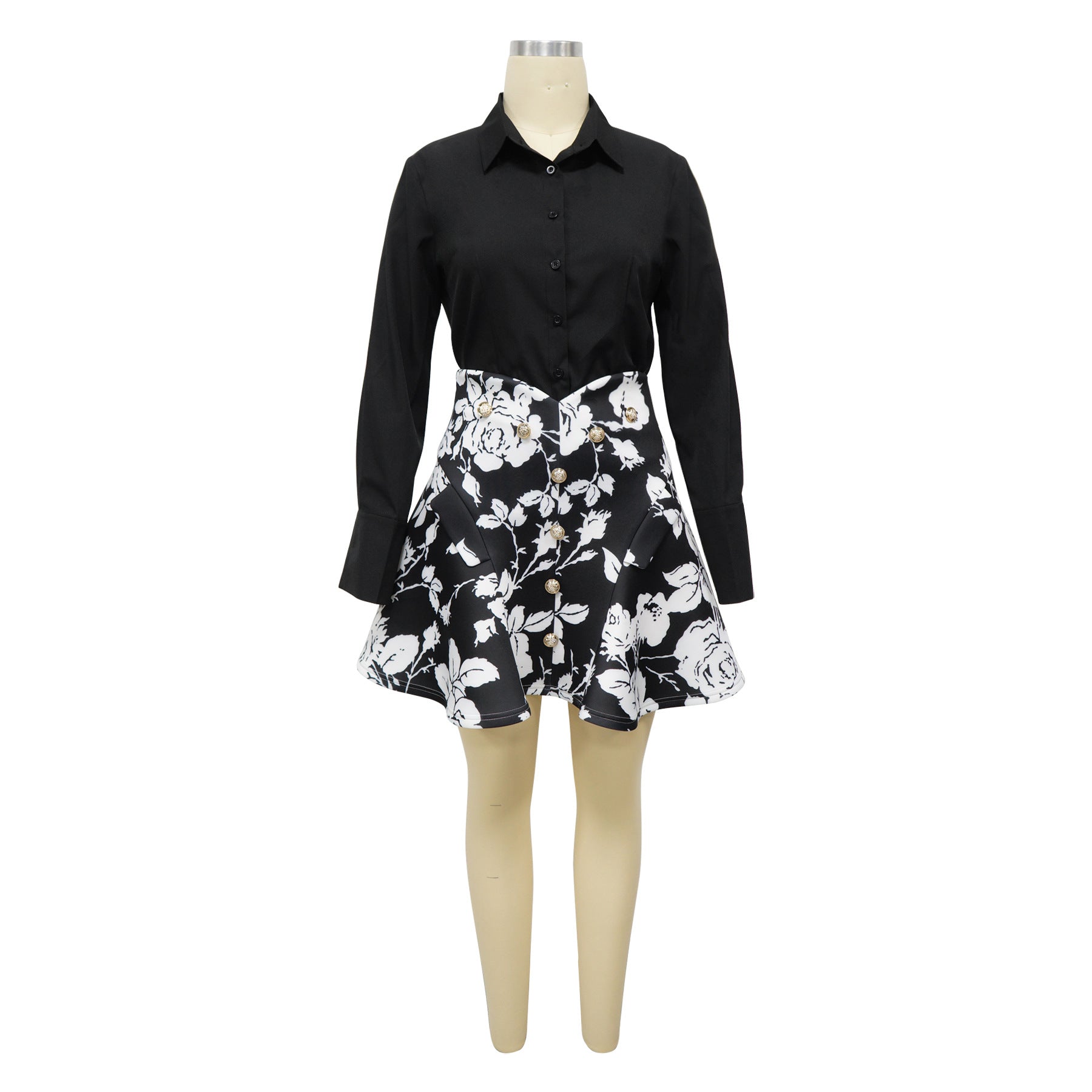 Women Long Sleeve Turndown Collar Print and Skirt Two-Piece Set 5