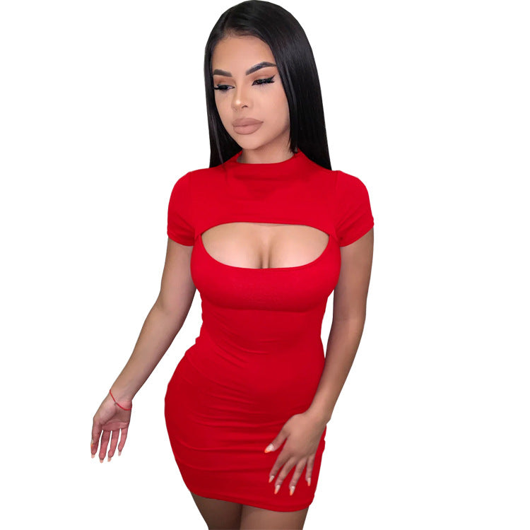 Sexy Solid Color Hollow Short Sleeve Bodycon Dress 8