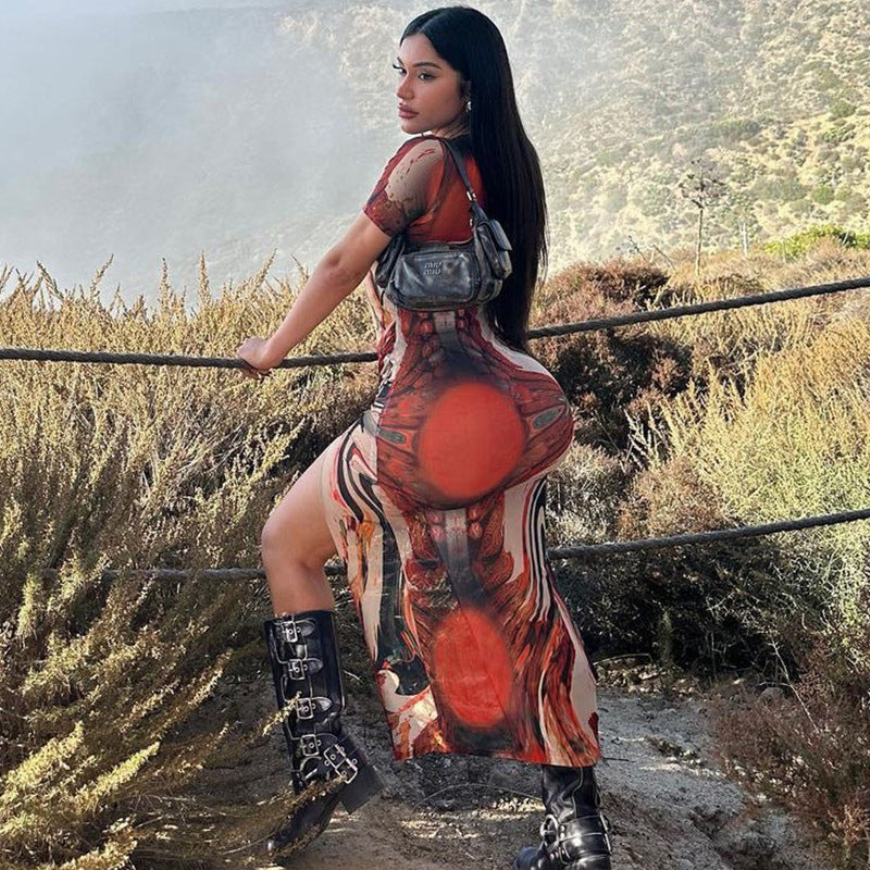 Women's Winter Fashion Sexy Printed Slim Slit Round Neck Short Sleeve Dress