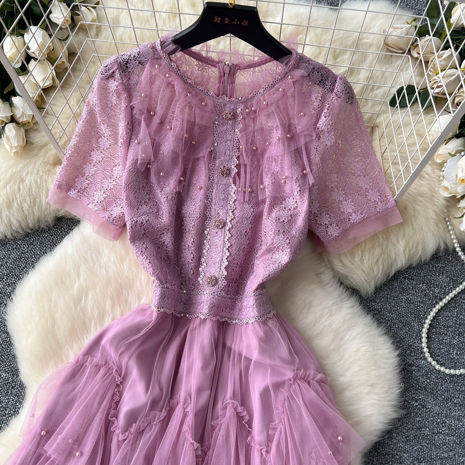 Women French Beaded Embroidered Short Sleeve Puffy Mesh Dress 13