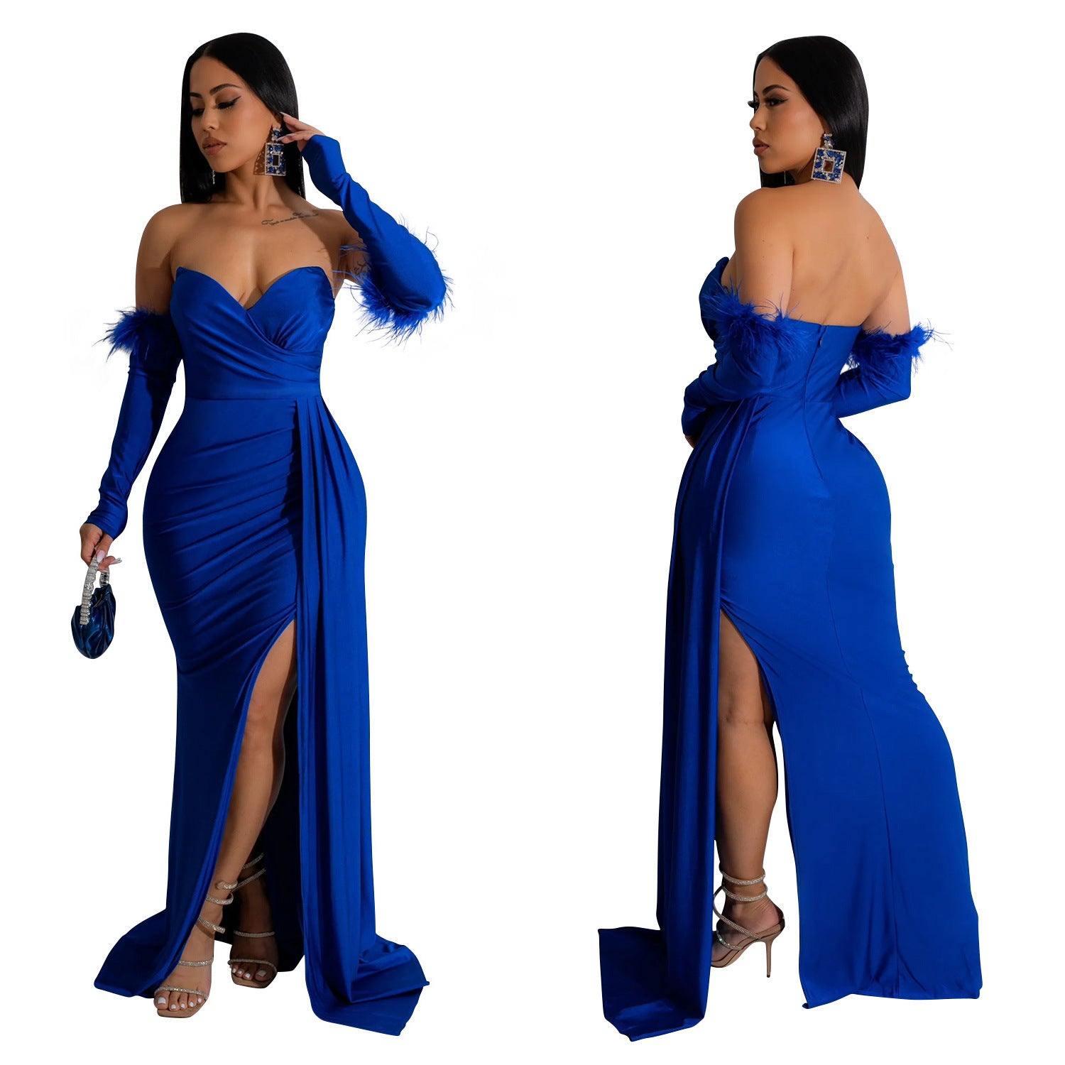 Fashion Women's Solid Color Pleated Low Back Slit Maxi Dress 22