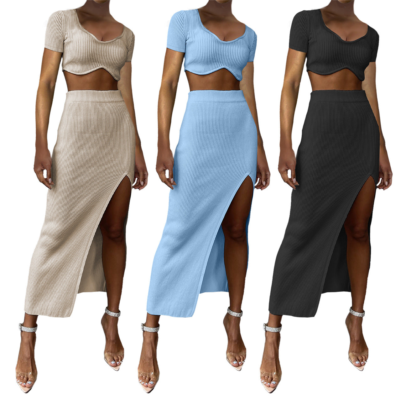 Women's Summer Short-Sleeved Ribbed Crop Top Slit Skirt Sexy Two-Piece Set 4