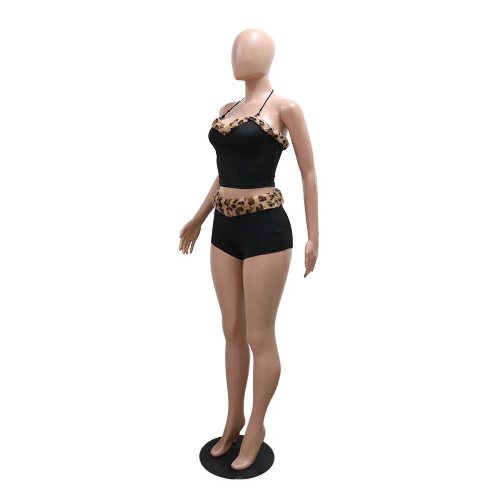 Women Sexy Lace Leopard Patchwork Crop Top and Shorts Two Piece Set 6