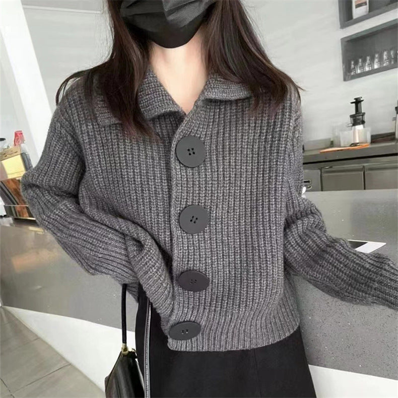 Lazy Style Sweater Jacket Autumn And Winter Loose Turndown Collar Large Button Knitting Cardigan For Women 4