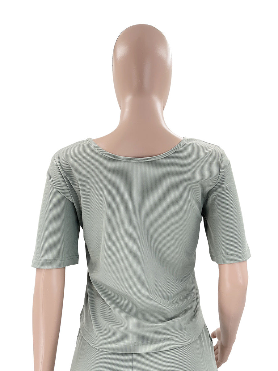 Summer Fashion Casual Sports Solid Color U-Neck Short Sleeve Two Piece Shorts Set Women's Clothing 17