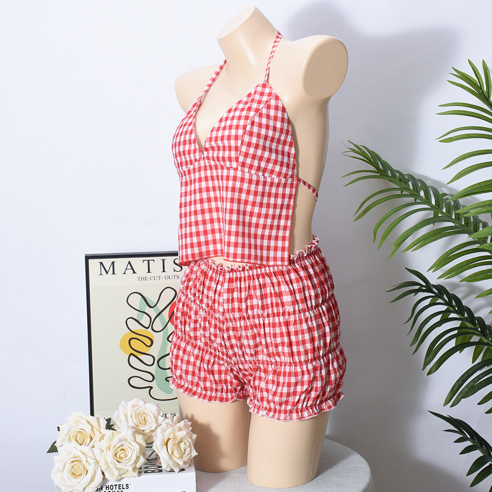 Summer Lace-Up Plaid  Two Piece Shorts Set 7