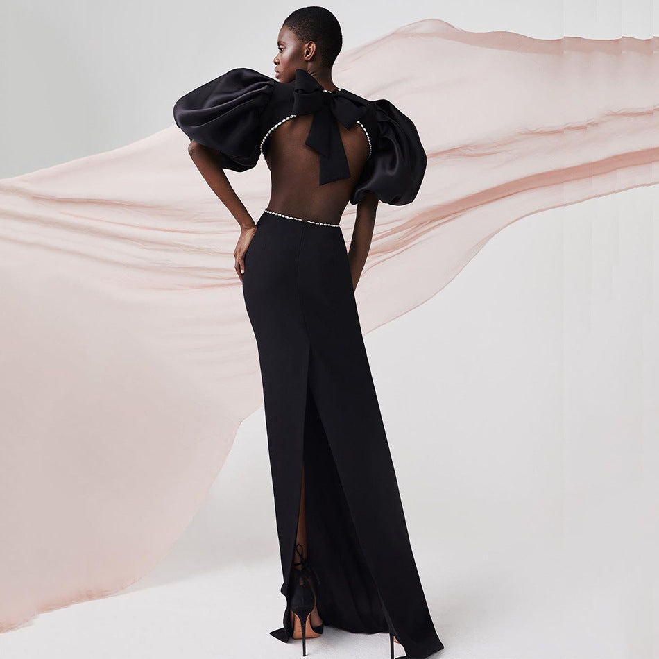 Puff Sleeve Low Back Black Evening Dress Long Party Dress