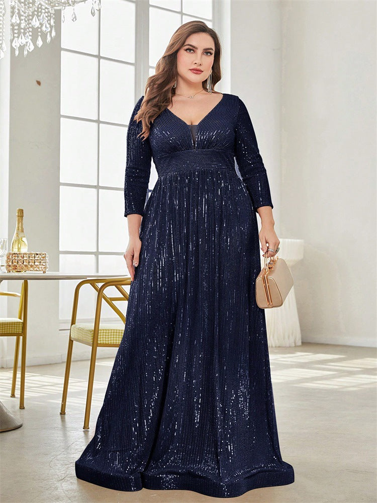 Women Plus Size Sequined Long-Sleeved V-Neck Formal Party Elegant Maxi Dress 15