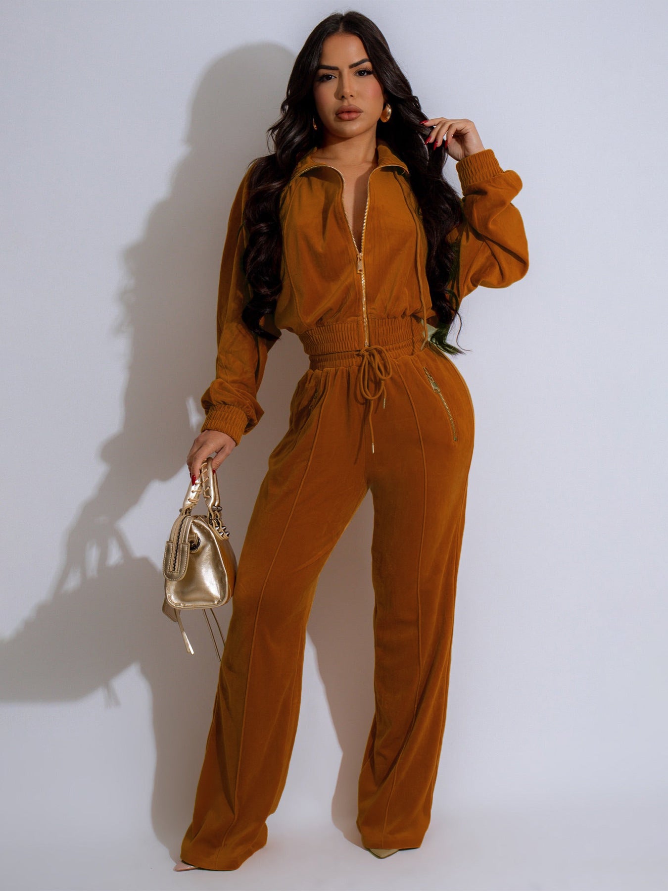 Women long-sleeved Turndown Collar zipper Top and pants Two Piece Set 5