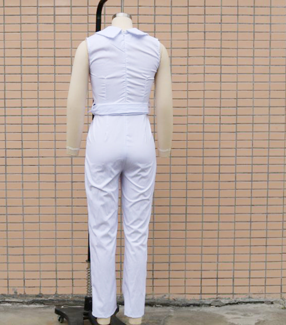 Summer Women'S Solid Color Turndown Collar Sleeveless Professional Jumpsuit 7