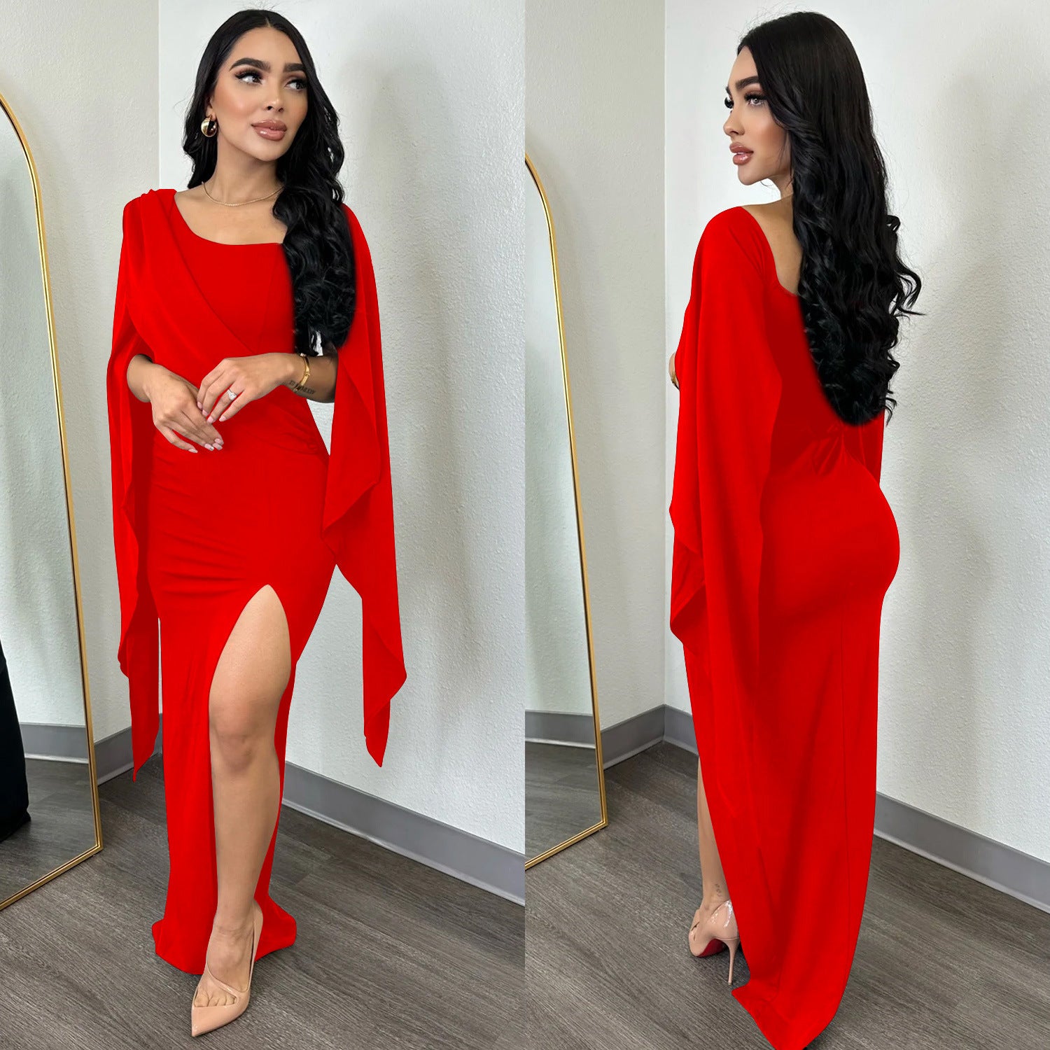 Fashion Women's Solid Color Long Sleeve Slit Pleated Maxi Dress 6