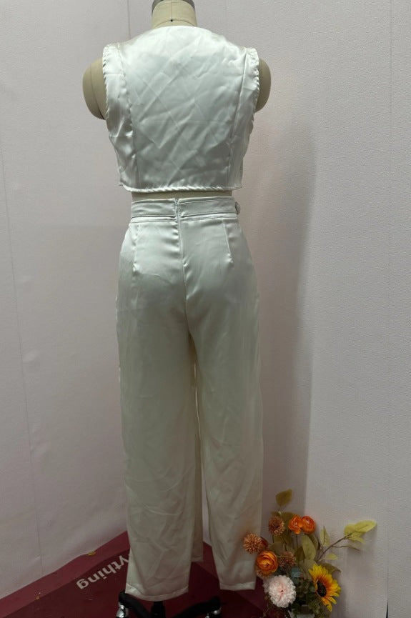 Summer women's solid color v-neck vest wide-leg trousers fashion set 11