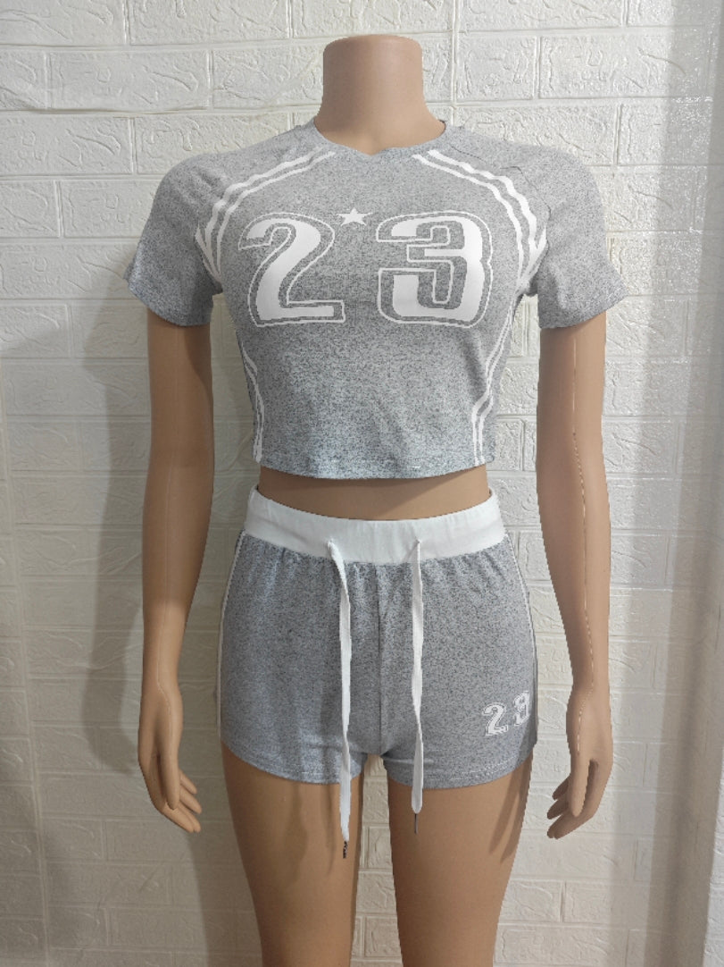 Women Contrast Color Digital Print Short Sleeve Crop Top and Shorts Two Pieces 10