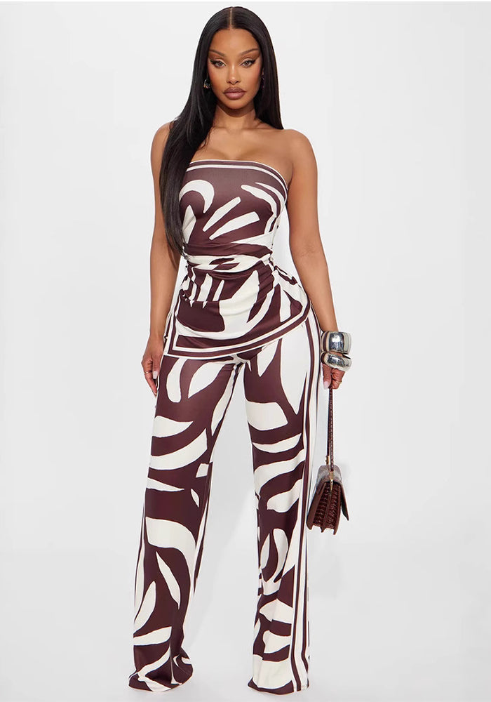 Women Sexy Slit Strapless Top Long Pants Two-piece Set