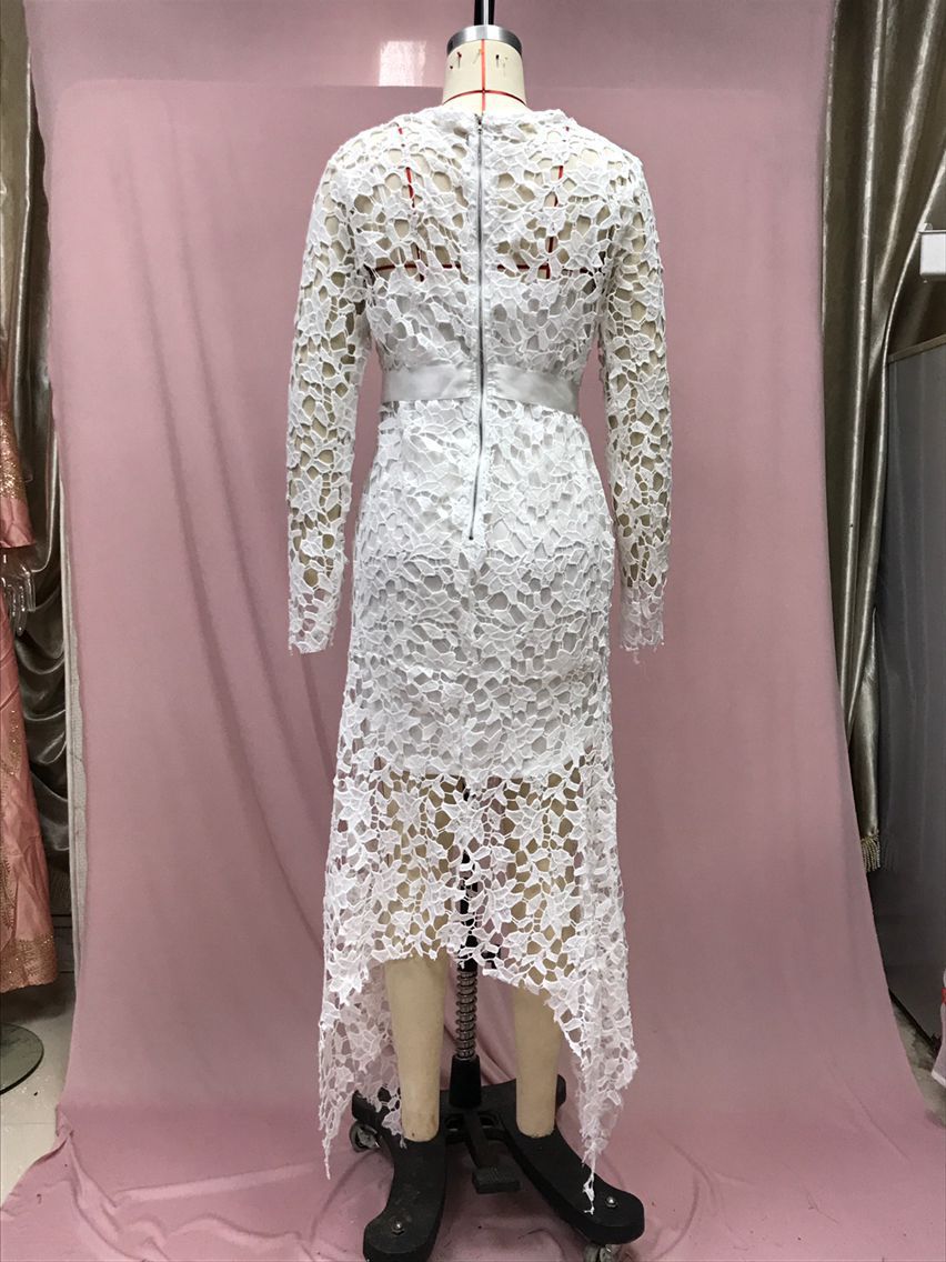 Women Lace Hollow Long Sleeve Stand Collar Lace Irregular Dress 11