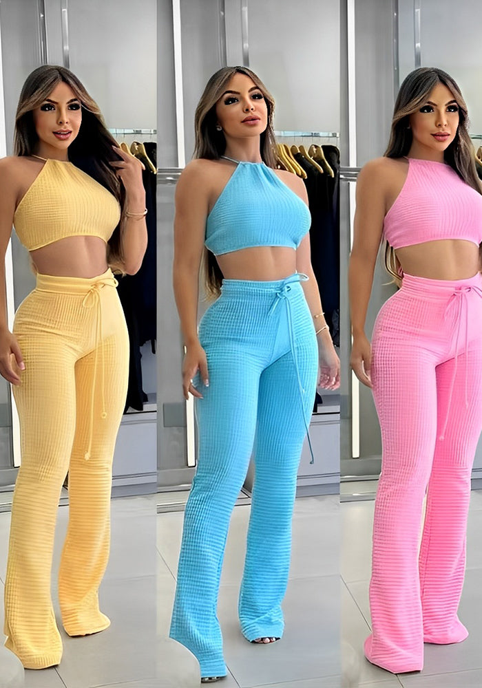 Women Waffle Sexy Halter Neck Top and Lace-Up Bell Bottom Pants Two-piece Set
