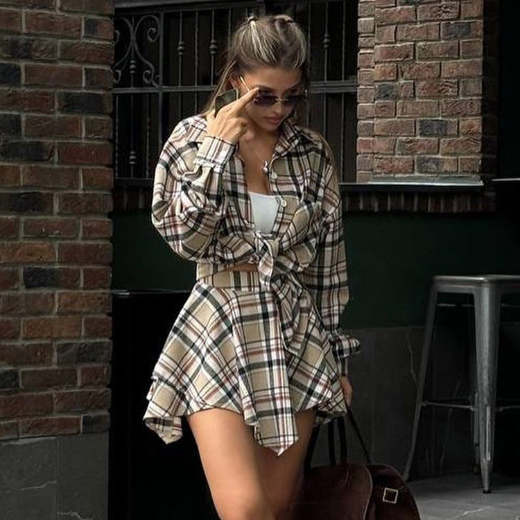 Women American long-sleeved plaid shirt irregular skirt two-piece set 4