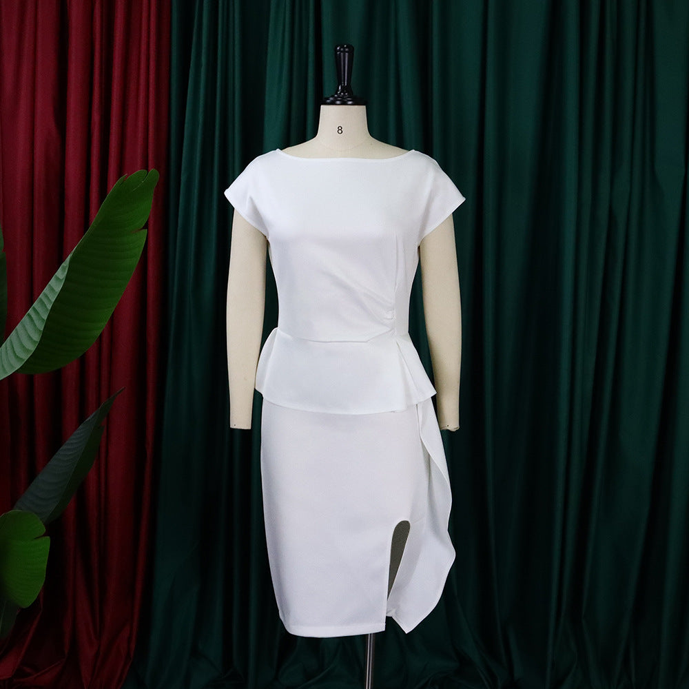 Women Summer Solid Pleated Ruffle Slit Bodycon Dress 15