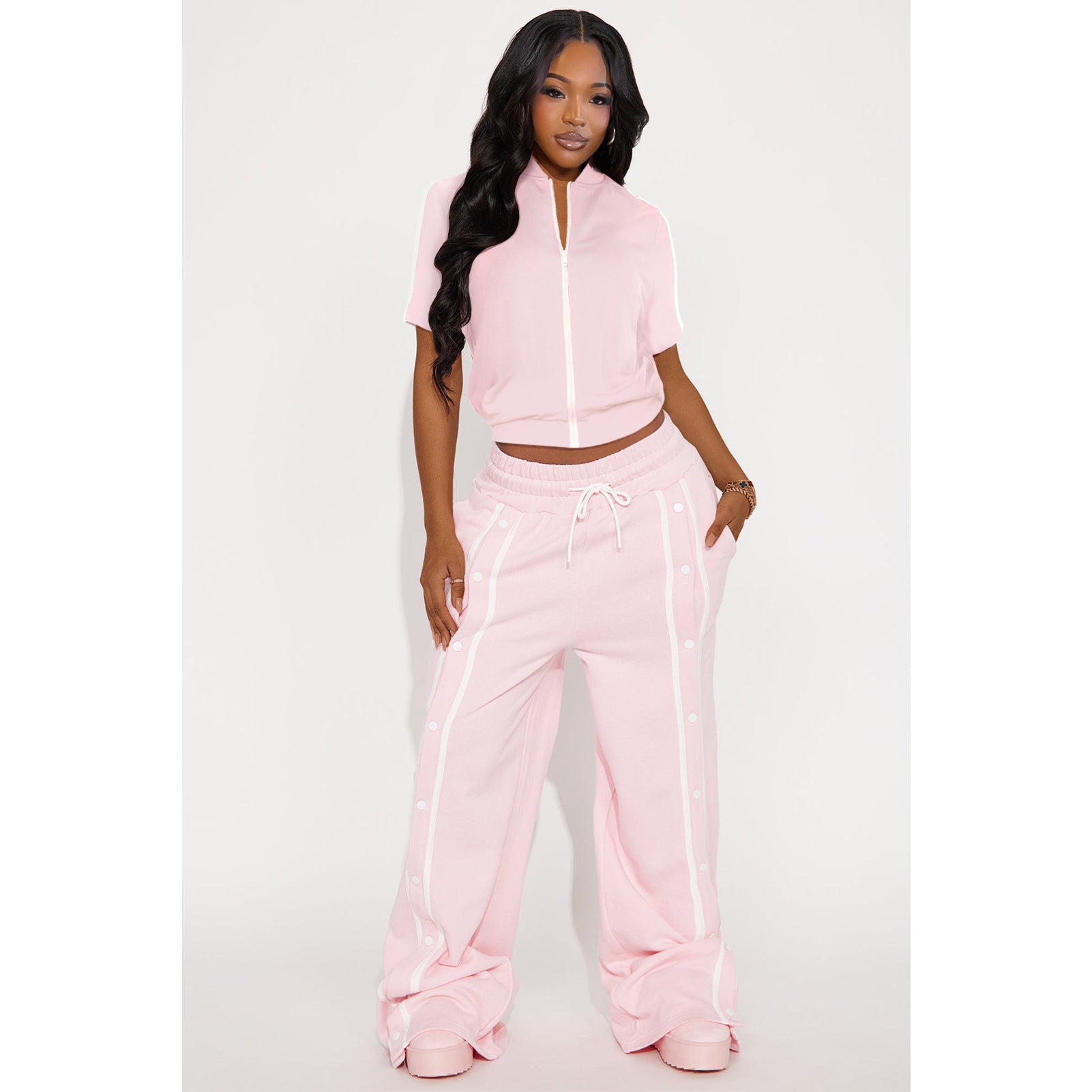 Women's Sports Two-Piece Set Buttoned Loose Pocket Wide-Leg Pants & Short Sleeve Zipper Top