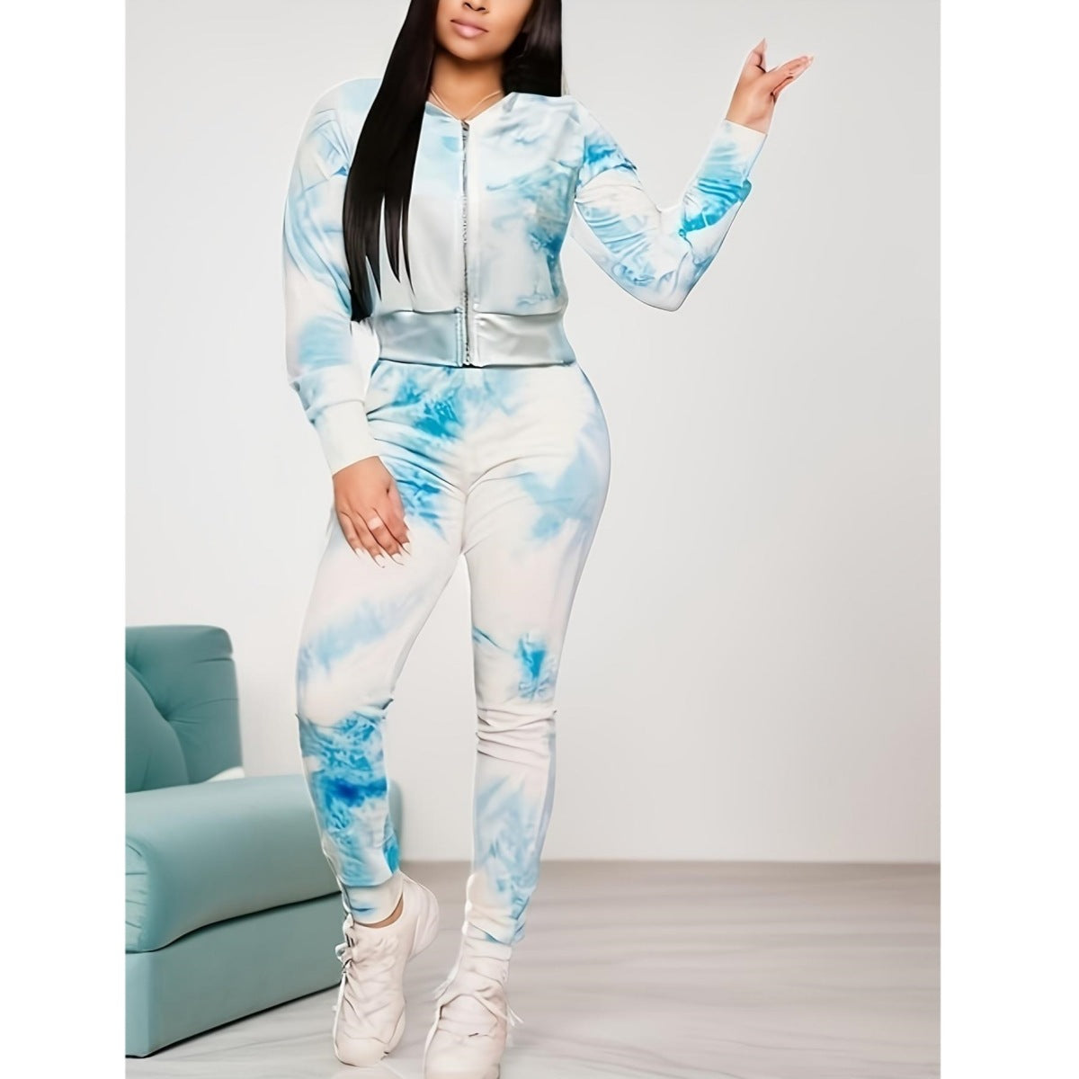 Stylish Casual Printed Sexy Long Sleeve Top And Pants Two Piece Set 3
