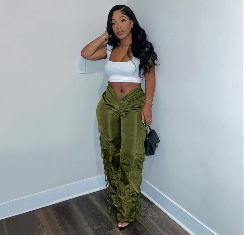 Women's Zip Lace-Up Solid Green Casual Trousers 8