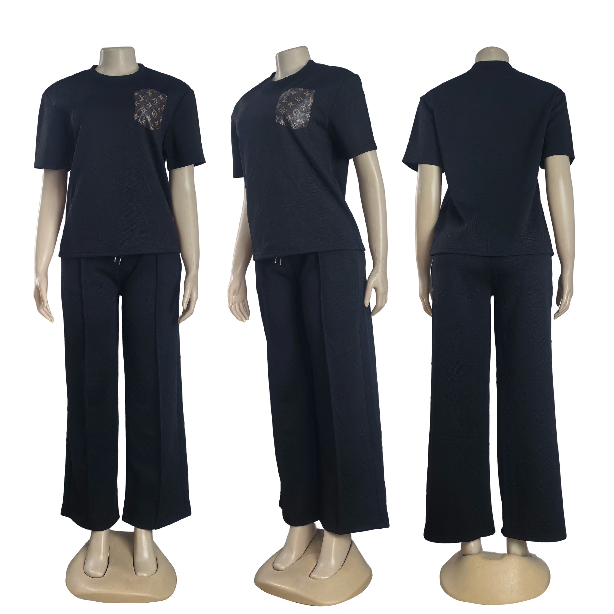 Women casual Pu-Leather pocket short-sleeved top and long pants jacquard two-piece set 6