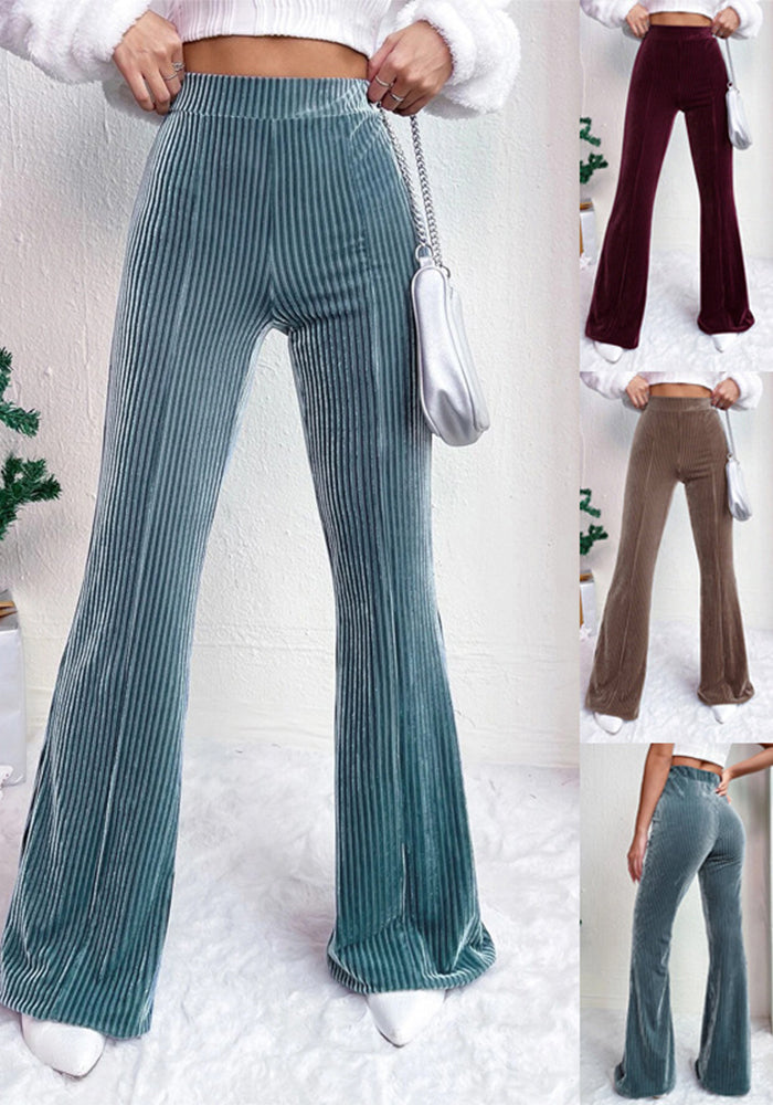 Autumn Winter Women High Waist Corduroy Bell Bottom Pants Solid Color Casual Wide-Leg Long Sweatpants