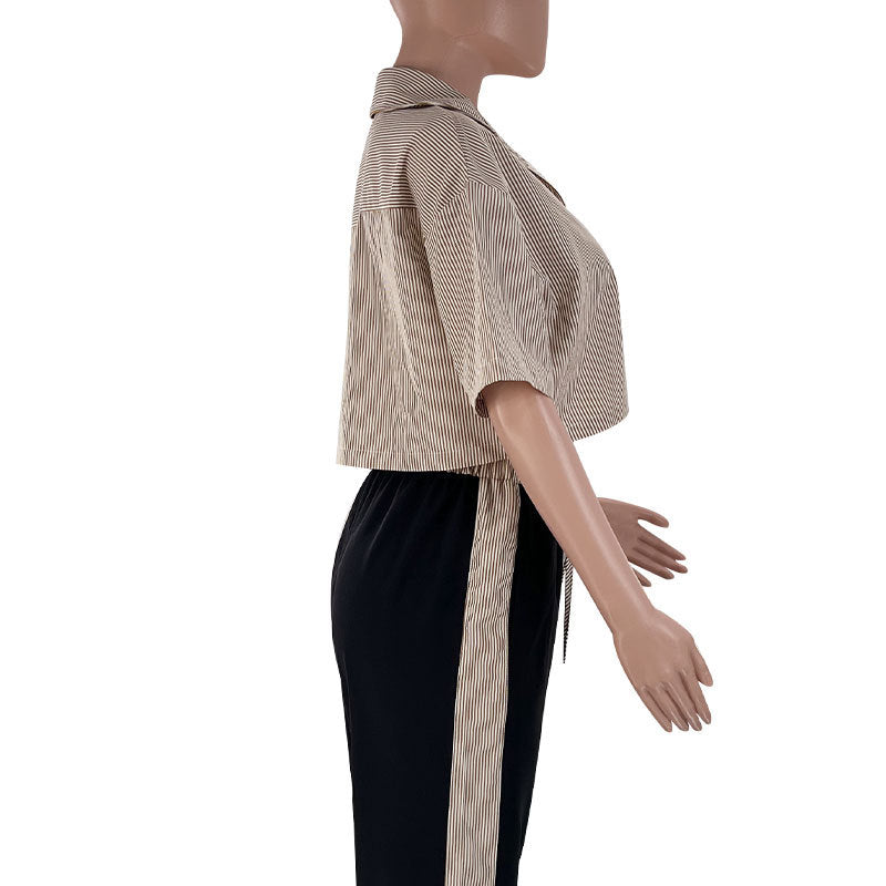 Women's Fashion Casual Summer Striped Shirt Top Loose Straight Pants Two Piece Set 11
