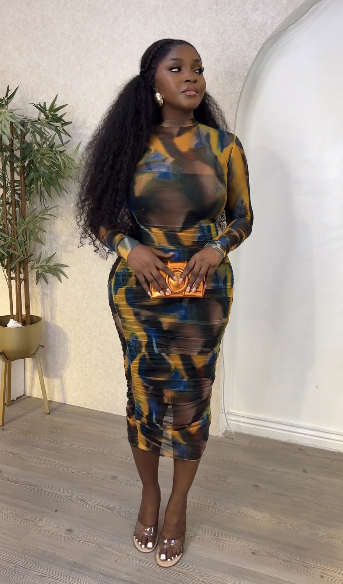 See-Through Mesh Sexy Round Neck Long-Sleeve Bodycon Dress