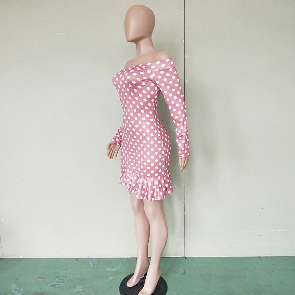 Women Sexy Off-Shoulder Polka Dot Print Ruffle Hem Dress 4