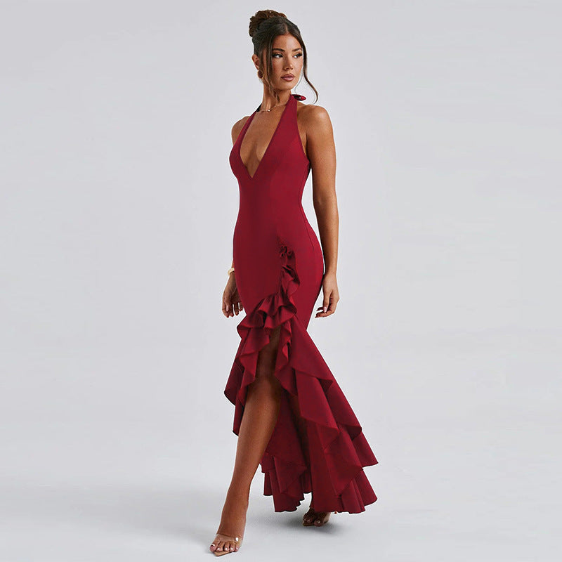 Women autumn sexy Halter Neck V Neck ruffle dress 7