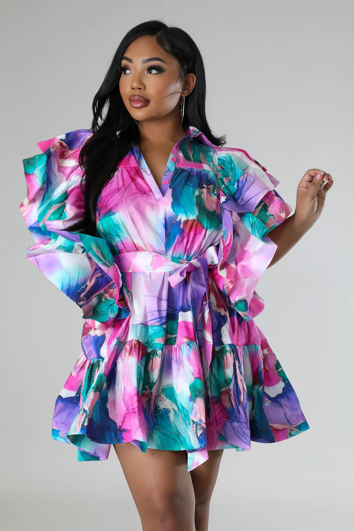 Women ruffled v-neck backless lace-up printed dress 3