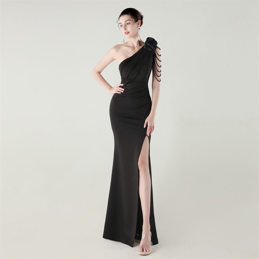 Women one-shoulder flower beaded satin sexy slit evening dress 11