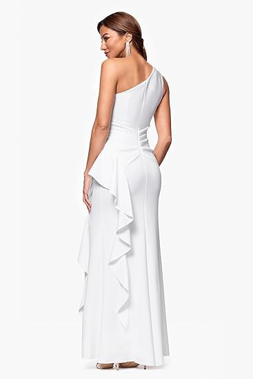 One-Shoulder Chic Elegant Solid Color Slim Waist High-Slit Side Ruffles Mermaid Evening Gown 9