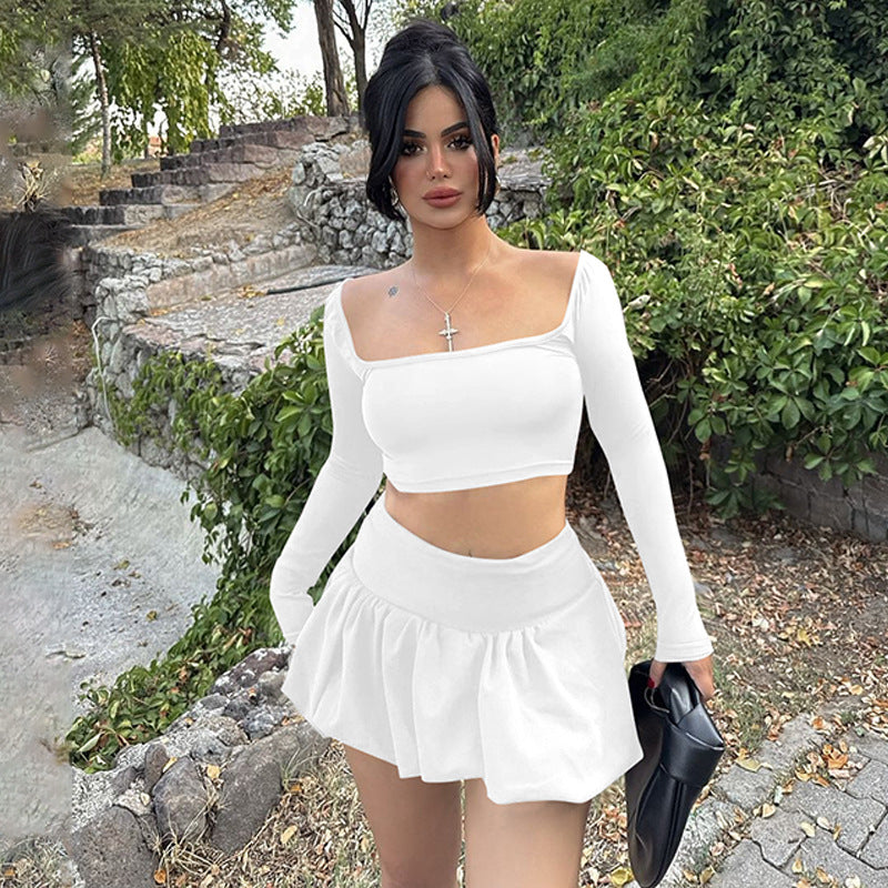 Women Long Sleeve Top and Pleated Skirt Winter Solid Sexy Two-piece Set 5