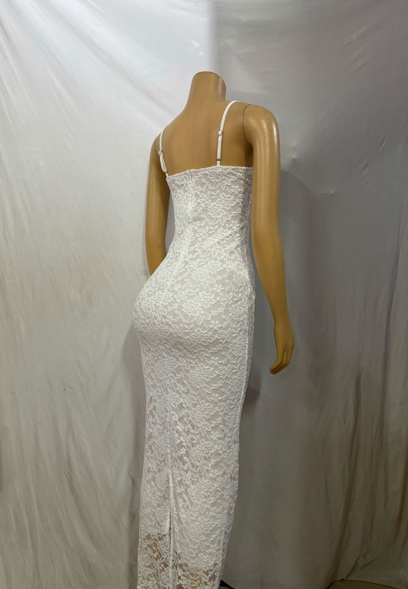 Women Suspender Lace Patchwork See-Through Solid Backless Sexy Maxi Dress 9