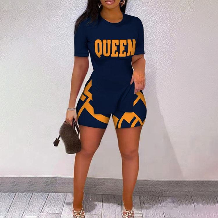 Women Letter Print Slit Short Sleeve Top + Shorts Two-Piece Set 14