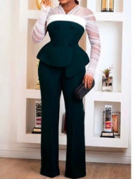 Women's See-Through Long Sleeve Slim Waist Jacket Casual Wide Leg Pants Fashion Suit 4