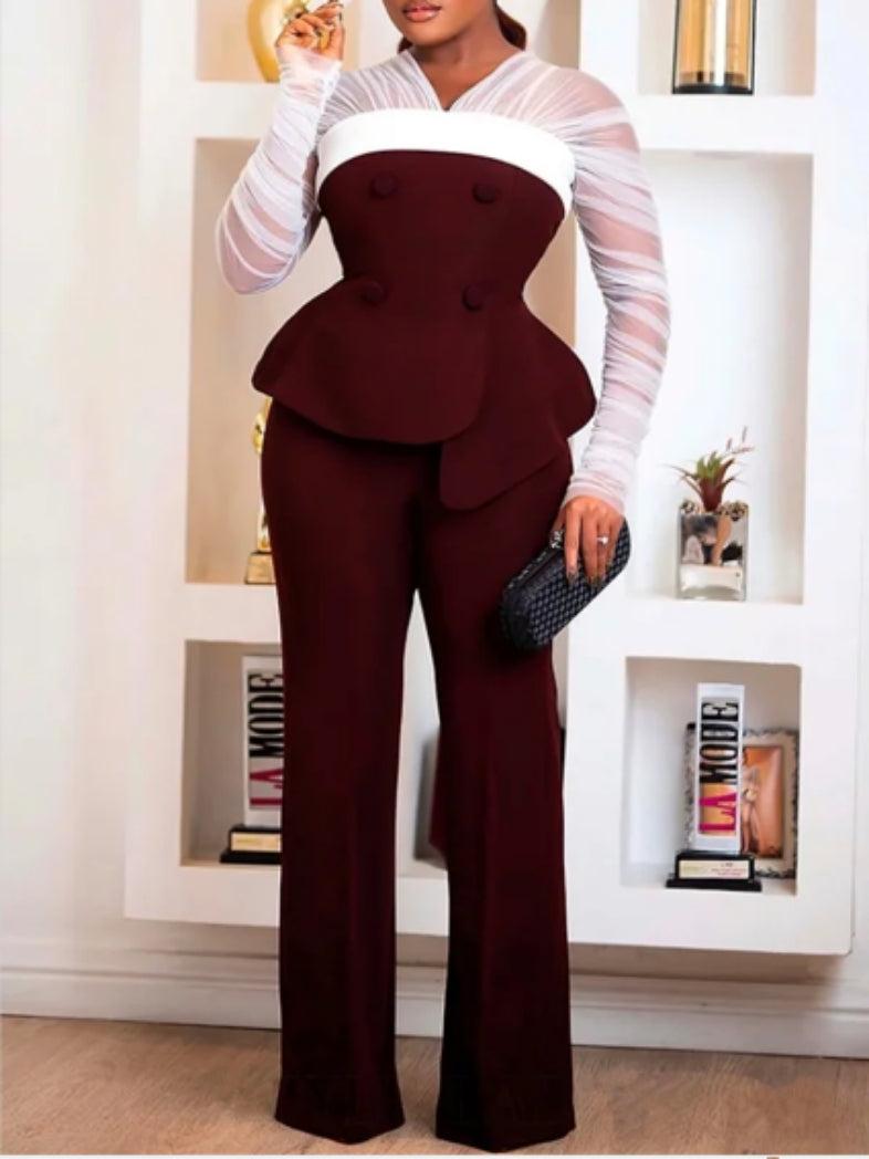 Women's See-Through Long Sleeve Slim Waist Jacket Casual Wide Leg Pants Fashion Suit 5