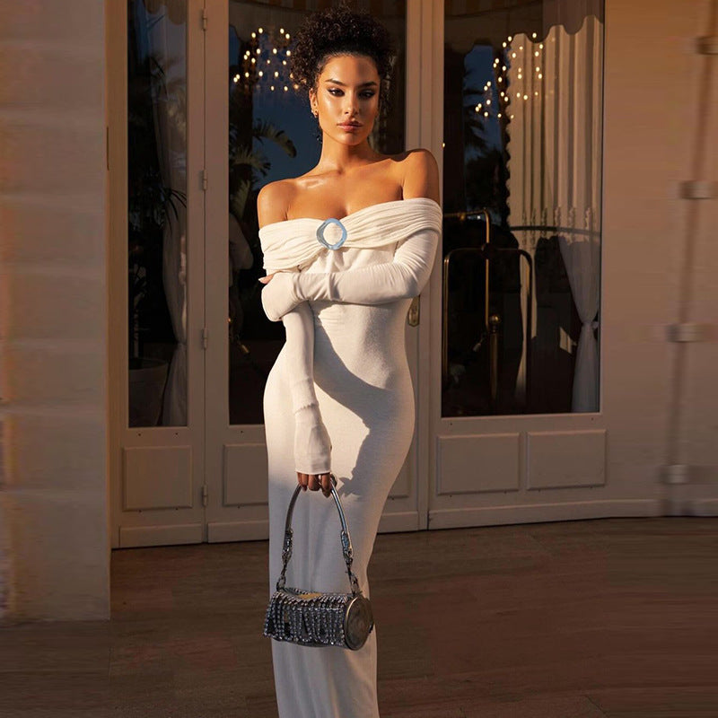 Women's autumn sexy Off Shoulder long sleeve solid color slit long dress 7