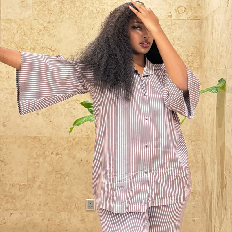 Plus-size African Women casual turndown collar striped shirt and wide-leg pants two-piece set 4