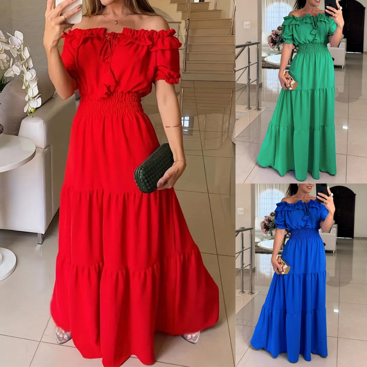 Fashionable Women's Solid Color Tie Ruffle Off-Shoulder Puff Sleeve Maxi Dress 8