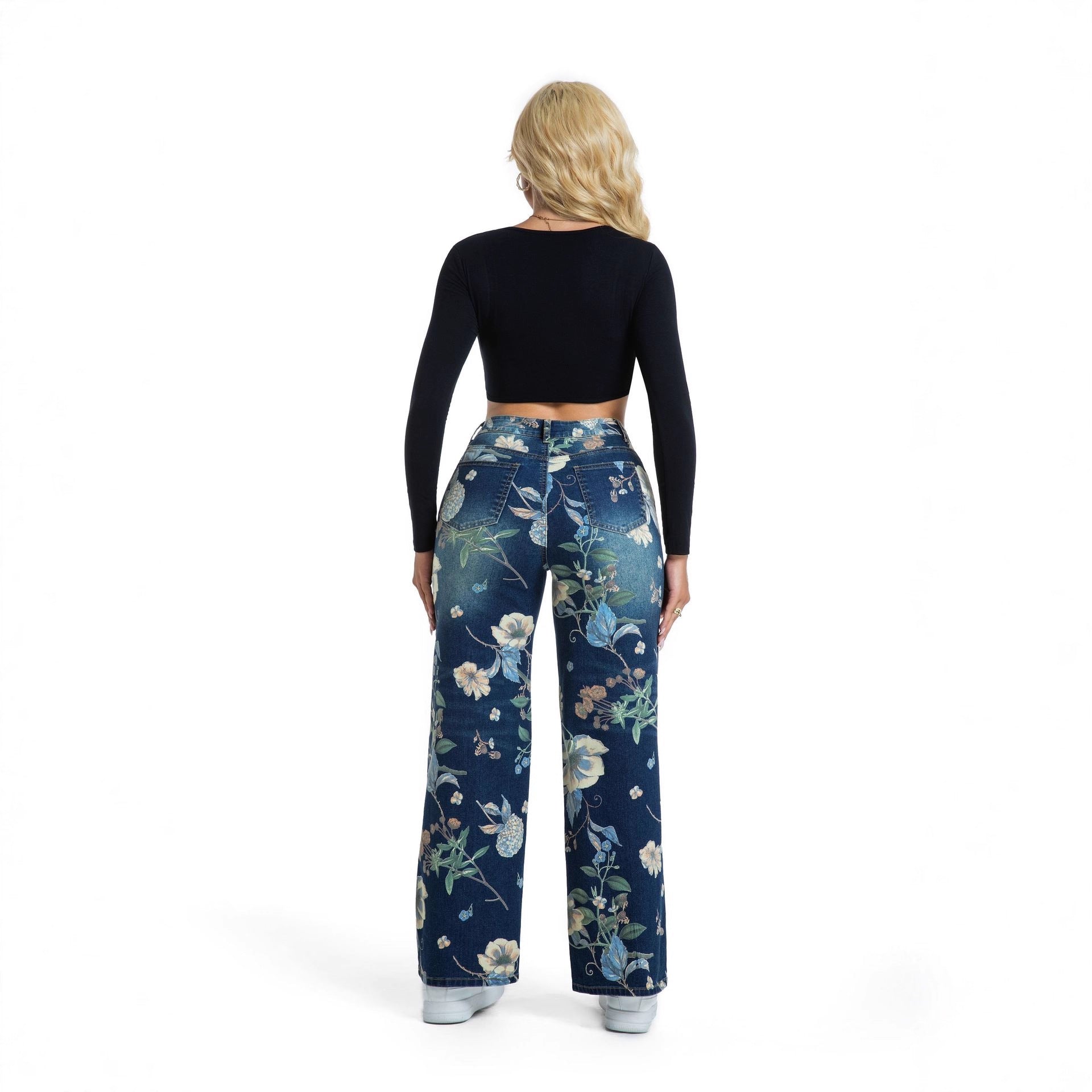 Women printed blue wide-leg denim pants