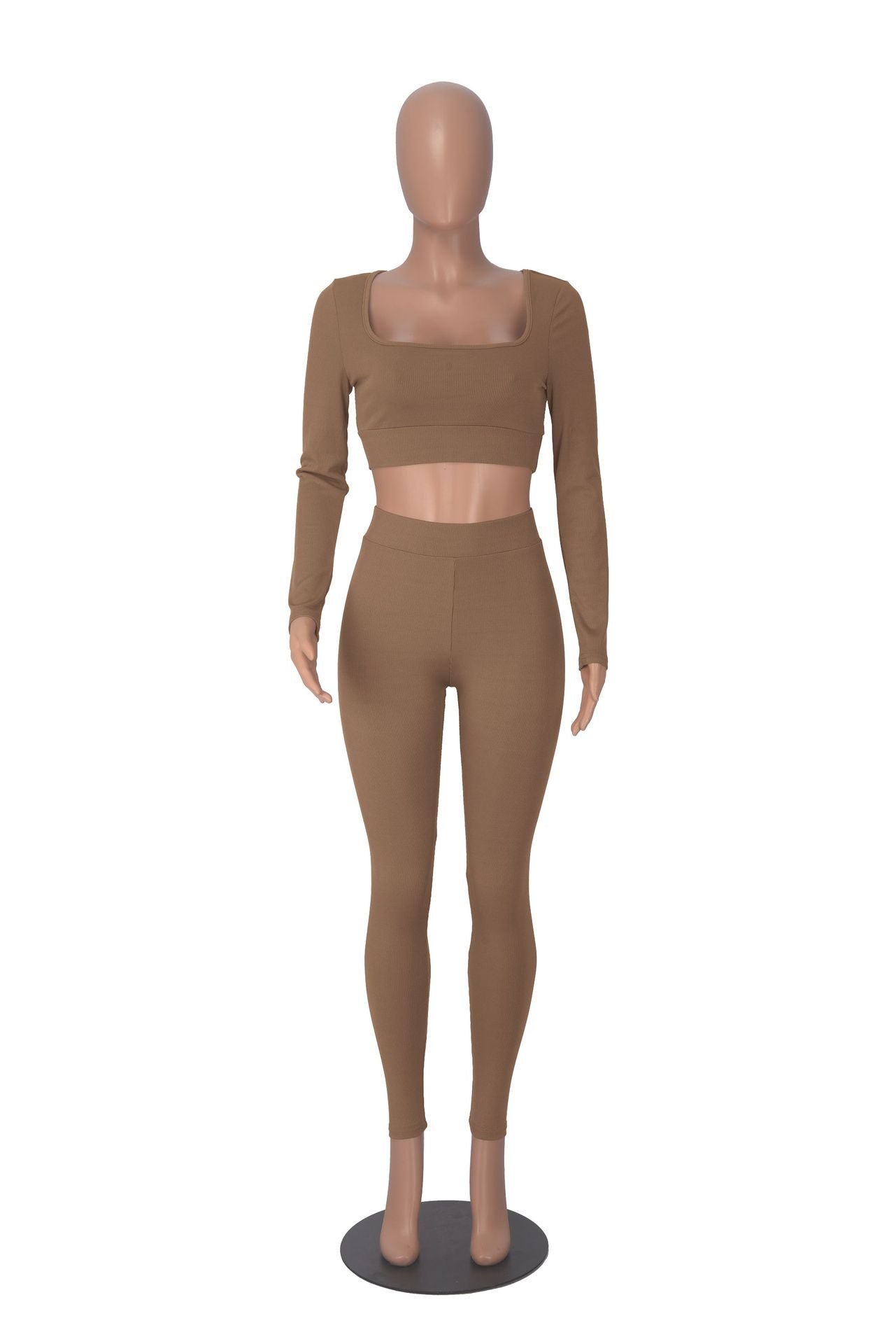 Women Winter Solid Long Sleeve Square Neck Top and Pant Two-piece Set 24