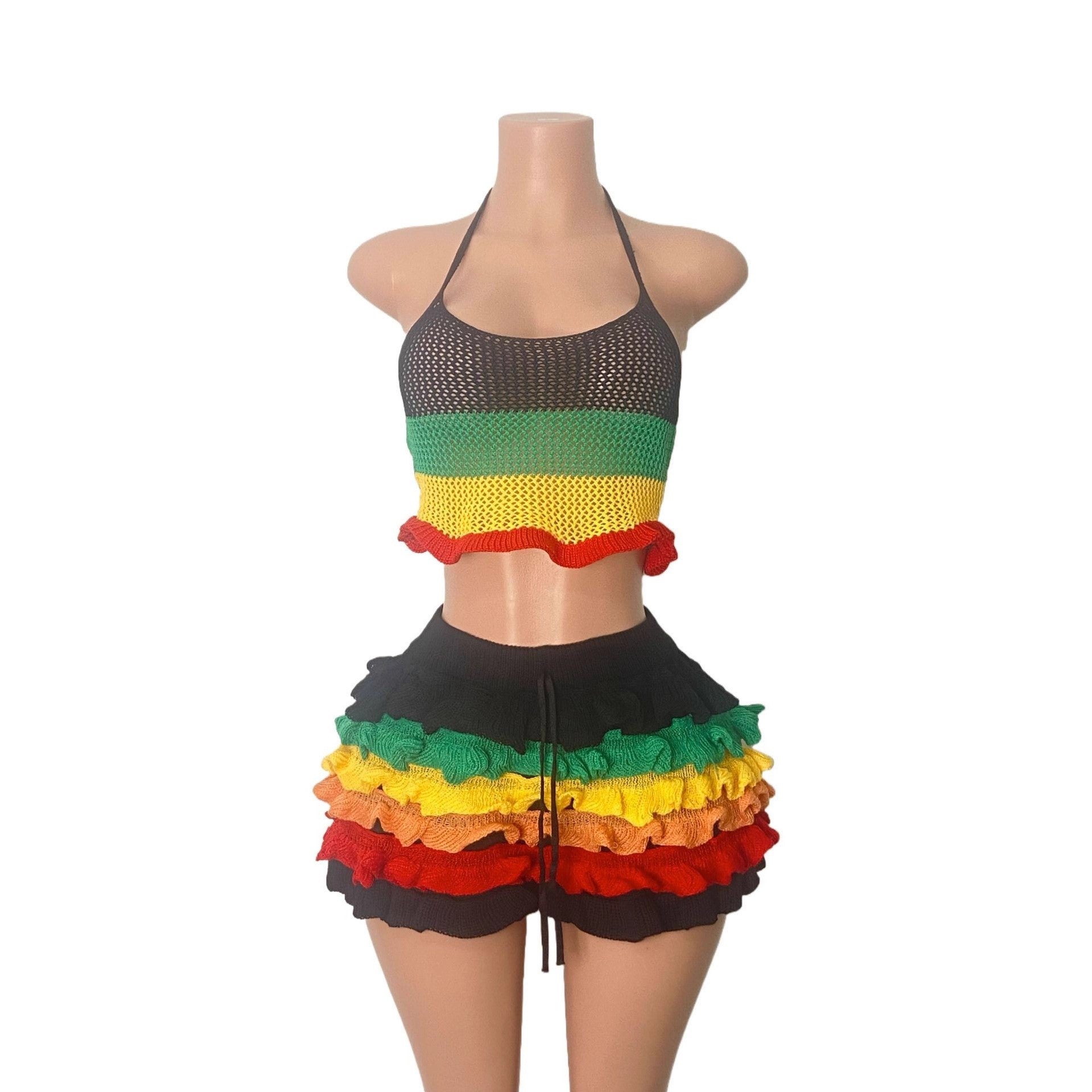 Women Multi-Color Striped Knitting Halter Neck Top and Ruffle Shorts Two-Piece Set 13