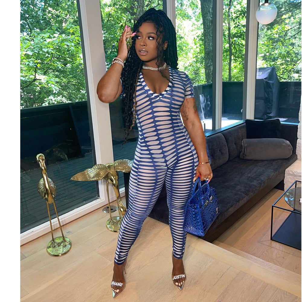 Women's Sexy Tight Fitting Mesh Print V-Neck Casual Jumpsuit 5