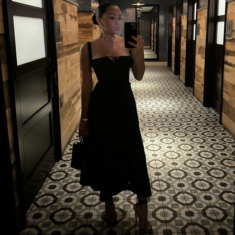 Mid-Length Solid Color Lace-Up Strap  Women's Asual Dress