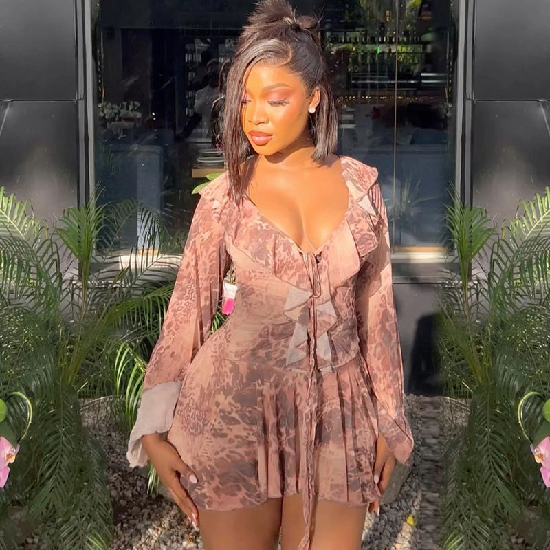 Women Summer/Autumn Ruffled Collar Long-Sleeved Mesh Leopard Print Off-The-Shoulder Pleated Dress 17