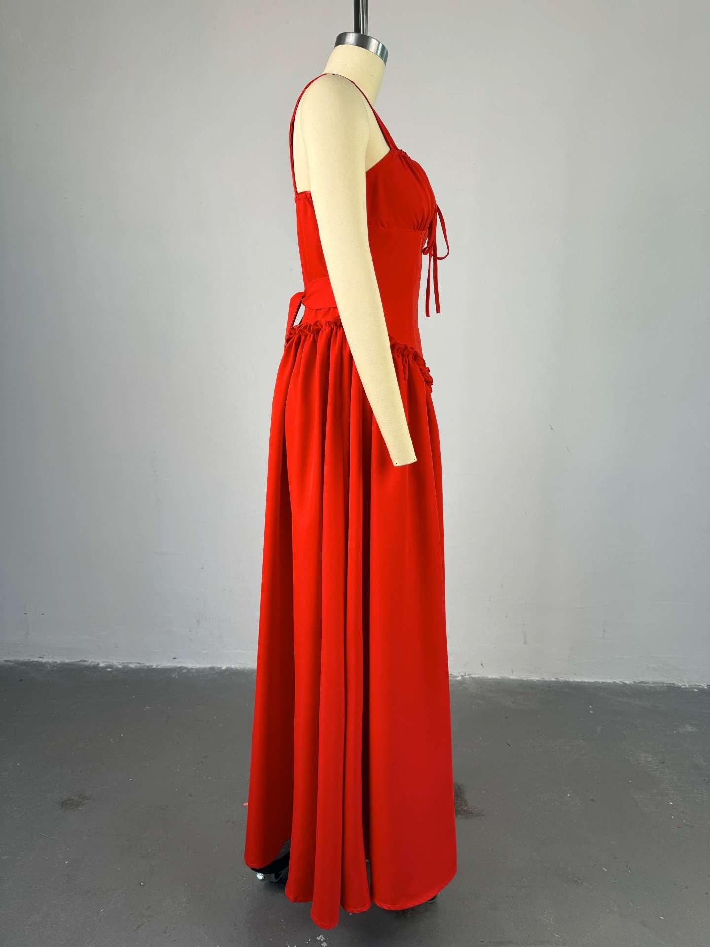 Women's spring strap lace-up v-neck high waist A-line long dress 4